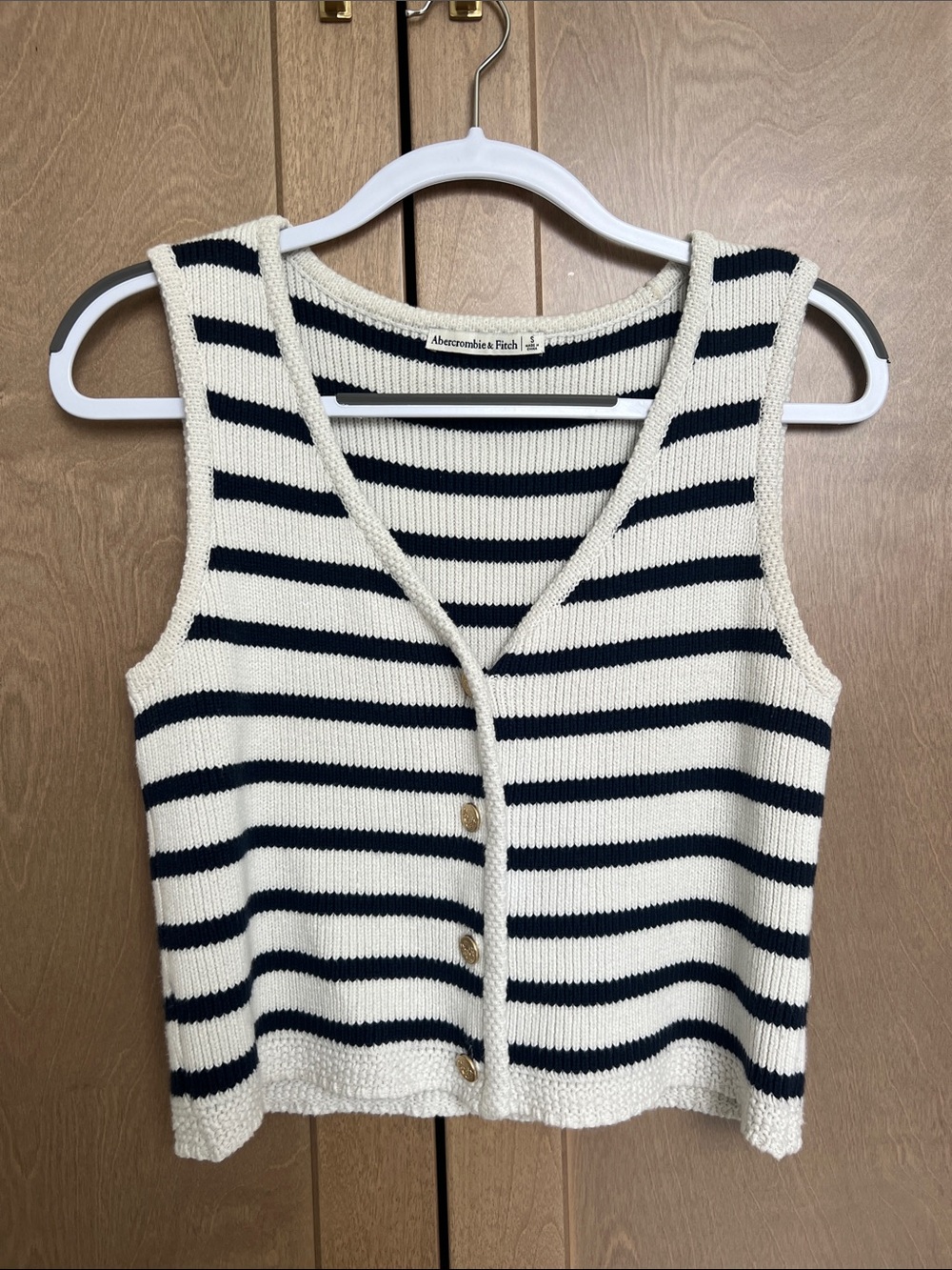 Abercrombie & Fitch Cream and Navy Striped Knit Button Tank
